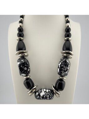 Chunky Black Silver Beaded Necklace Oversized Speckled Splatter Silver Tone